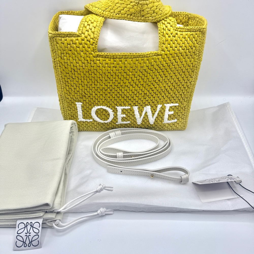 NEW Loewe Small Logo Yellow White Lettering Raffia Square Top Handle Crossbody